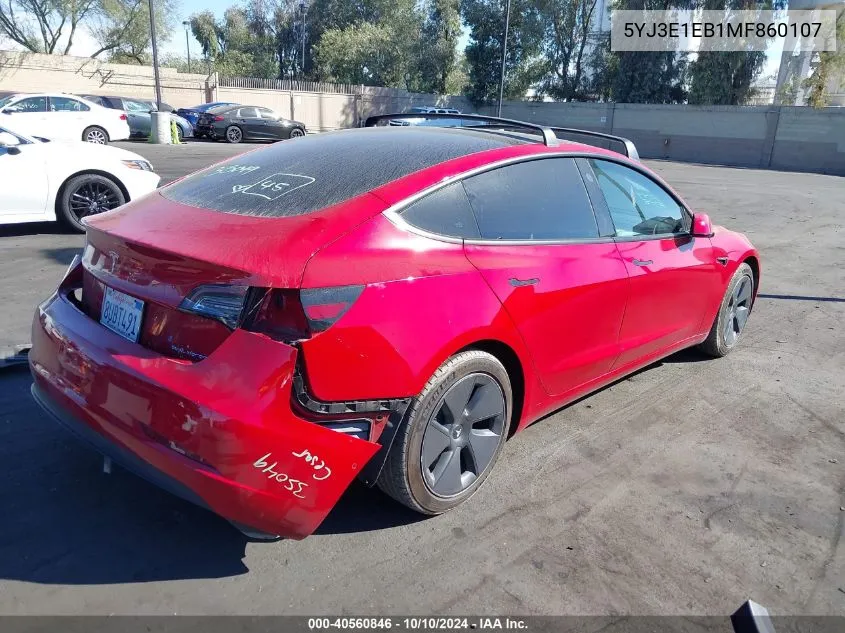 2021 Tesla Model 3 VIN: 5YJ3E1EB1MF860107 Lot: 40560846