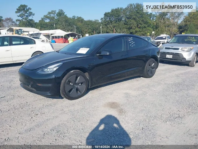 2021 Tesla Model 3 Standard Range Plus Rear-Wheel Drive VIN: 5YJ3E1EA0MF853950 Lot: 40583830