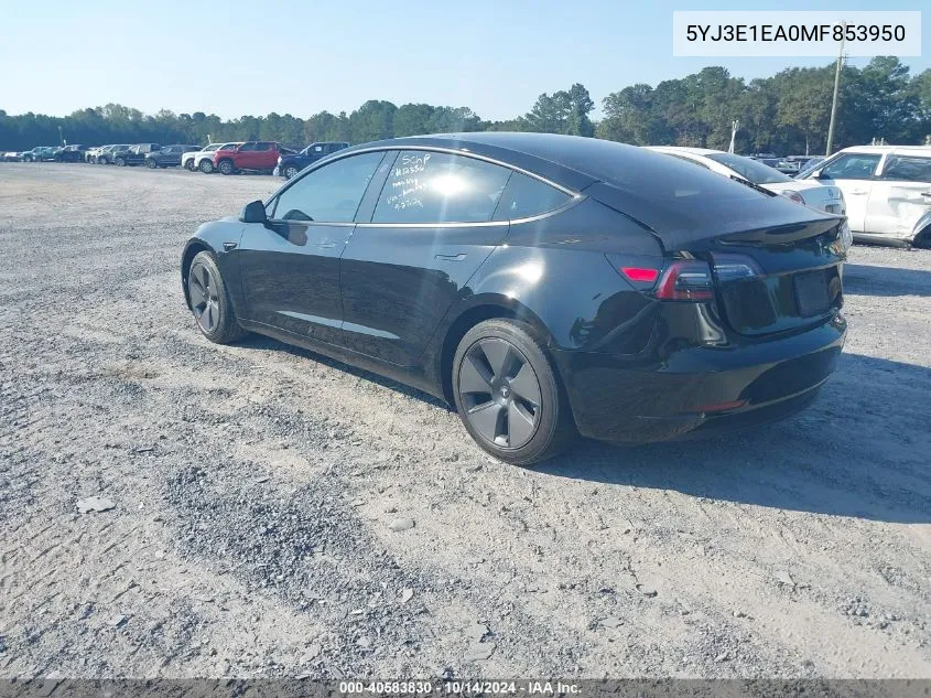 2021 Tesla Model 3 Standard Range Plus Rear-Wheel Drive VIN: 5YJ3E1EA0MF853950 Lot: 40583830