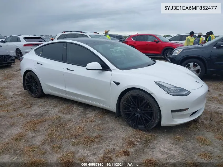 2021 Tesla Model 3 Standard Range Plus Rear-Wheel Drive VIN: 5YJ3E1EA6MF852477 Lot: 40587960