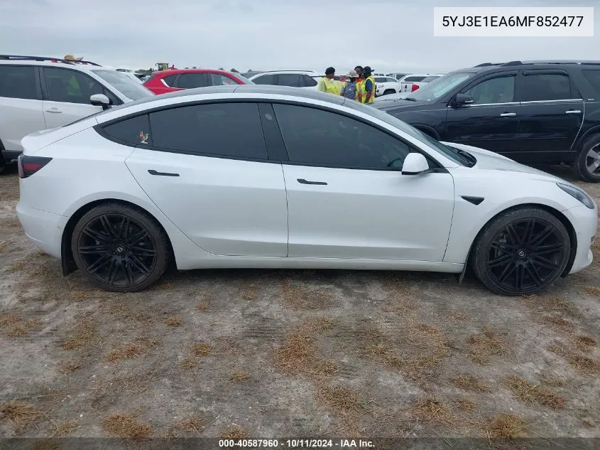 2021 Tesla Model 3 Standard Range Plus Rear-Wheel Drive VIN: 5YJ3E1EA6MF852477 Lot: 40587960