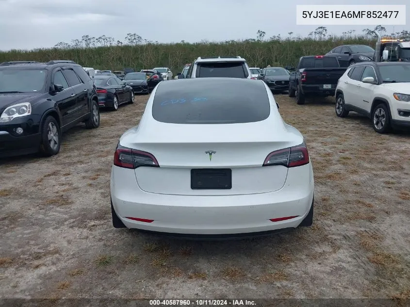 2021 Tesla Model 3 Standard Range Plus Rear-Wheel Drive VIN: 5YJ3E1EA6MF852477 Lot: 40587960