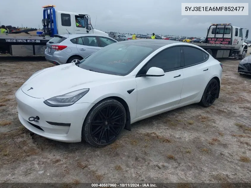 2021 Tesla Model 3 Standard Range Plus Rear-Wheel Drive VIN: 5YJ3E1EA6MF852477 Lot: 40587960