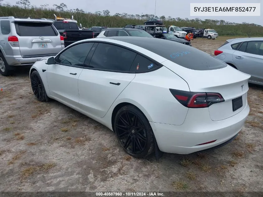 2021 Tesla Model 3 Standard Range Plus Rear-Wheel Drive VIN: 5YJ3E1EA6MF852477 Lot: 40587960