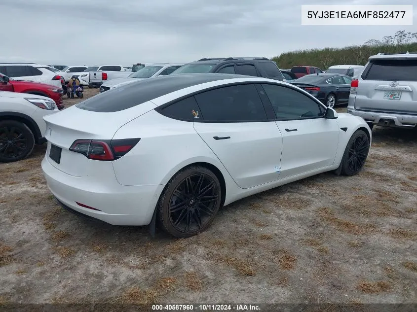 2021 Tesla Model 3 Standard Range Plus Rear-Wheel Drive VIN: 5YJ3E1EA6MF852477 Lot: 40587960