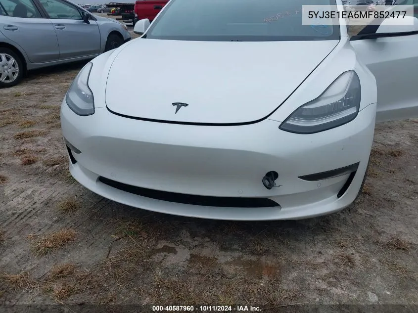 2021 Tesla Model 3 Standard Range Plus Rear-Wheel Drive VIN: 5YJ3E1EA6MF852477 Lot: 40587960