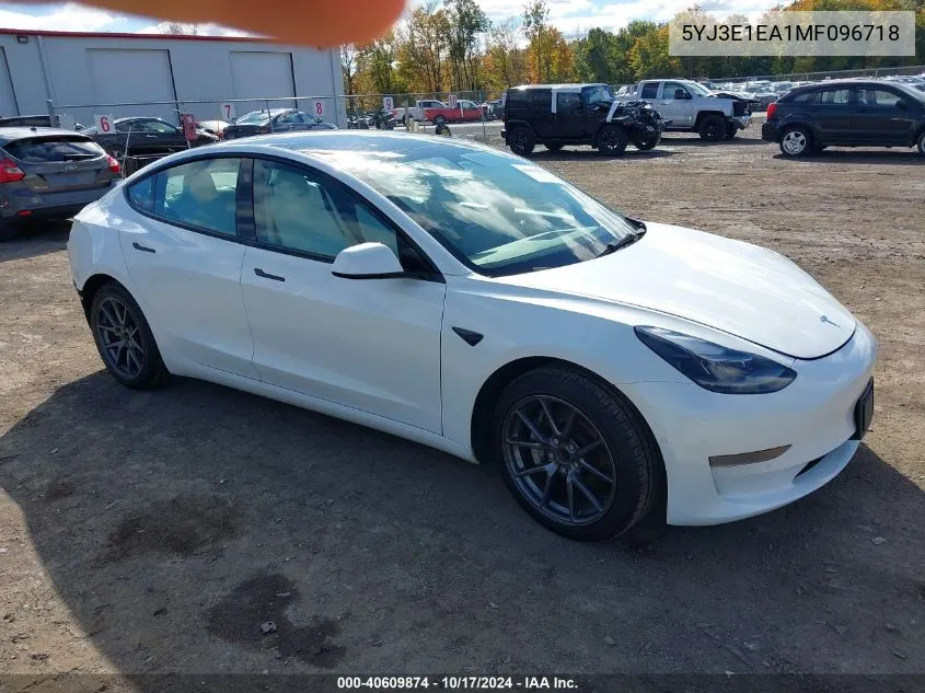 2021 Tesla Model 3 Standard Range Plus Rear-Wheel Drive VIN: 5YJ3E1EA1MF096718 Lot: 40609874