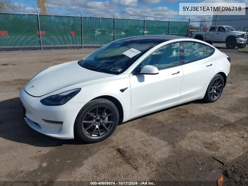 2021 Tesla Model 3 Standard Range Plus Rear-Wheel Drive VIN: 5YJ3E1EA1MF096718 Lot: 40609874