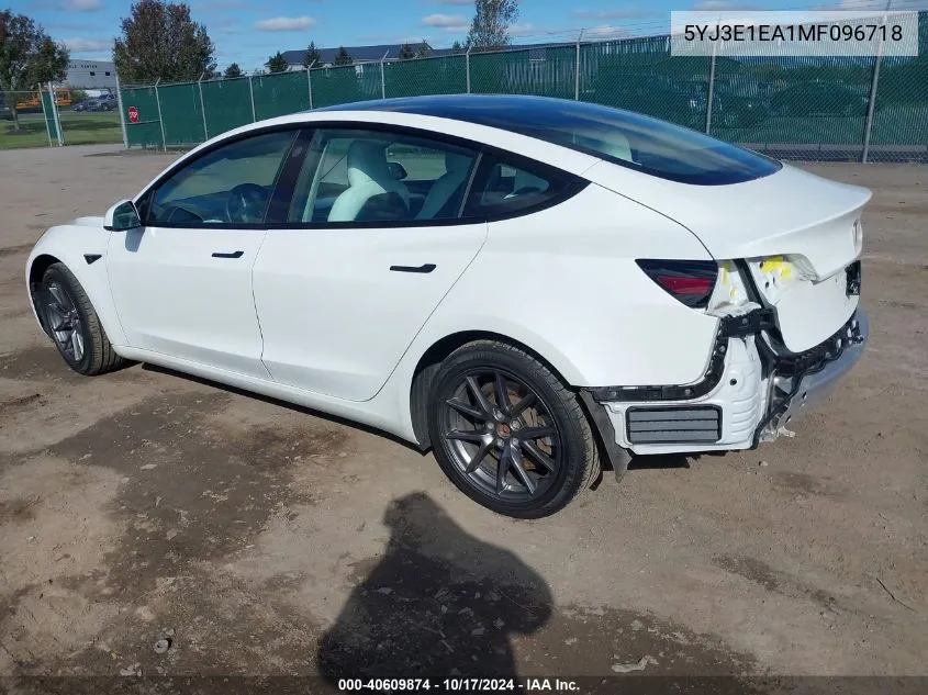 2021 Tesla Model 3 Standard Range Plus Rear-Wheel Drive VIN: 5YJ3E1EA1MF096718 Lot: 40609874