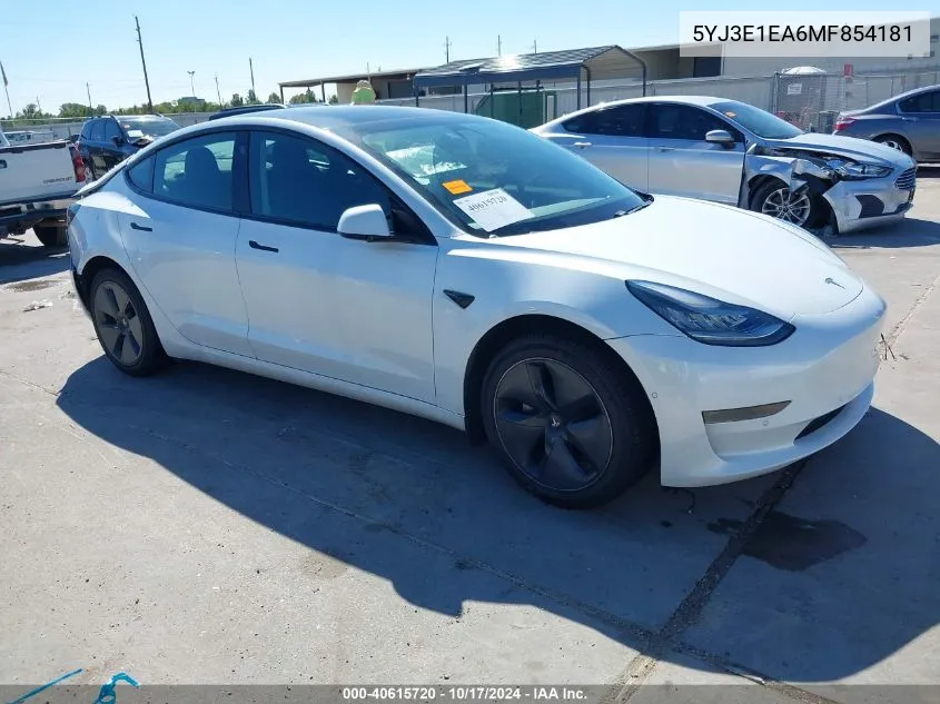 2021 Tesla Model 3 Standard Range Plus Rear-Wheel Drive VIN: 5YJ3E1EA6MF854181 Lot: 40615720