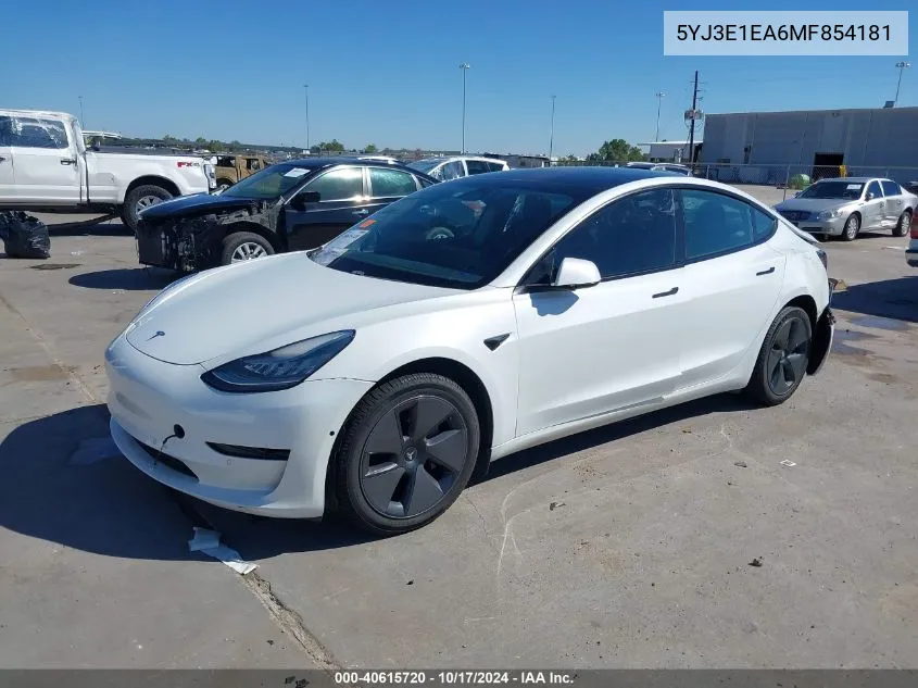 2021 Tesla Model 3 Standard Range Plus Rear-Wheel Drive VIN: 5YJ3E1EA6MF854181 Lot: 40615720