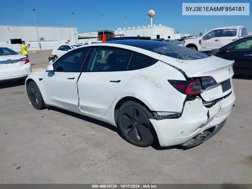 2021 Tesla Model 3 Standard Range Plus Rear-Wheel Drive VIN: 5YJ3E1EA6MF854181 Lot: 40615720