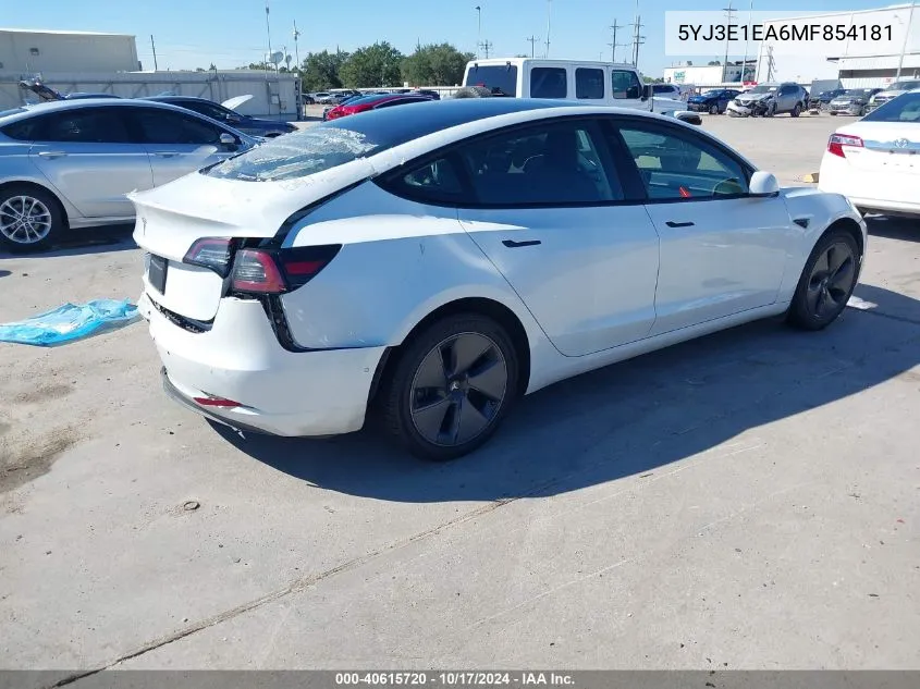 2021 Tesla Model 3 Standard Range Plus Rear-Wheel Drive VIN: 5YJ3E1EA6MF854181 Lot: 40615720