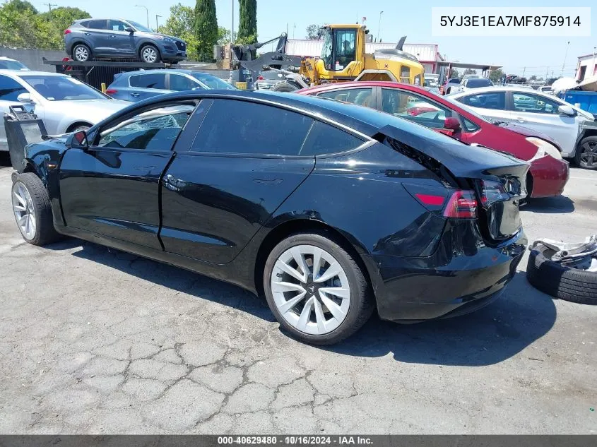 2021 Tesla Model 3 Standard Range Plus Rear-Wheel Drive VIN: 5YJ3E1EA7MF875914 Lot: 40629480