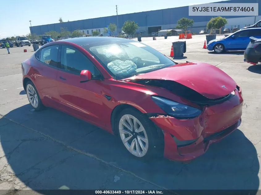 2021 Tesla Model 3 Standard Range Plus Rear-Wheel Drive VIN: 5YJ3E1EA9MF874604 Lot: 40633449