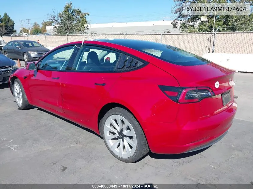 2021 Tesla Model 3 Standard Range Plus Rear-Wheel Drive VIN: 5YJ3E1EA9MF874604 Lot: 40633449