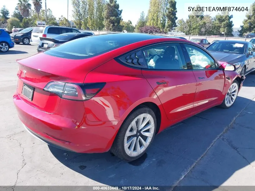 2021 Tesla Model 3 Standard Range Plus Rear-Wheel Drive VIN: 5YJ3E1EA9MF874604 Lot: 40633449