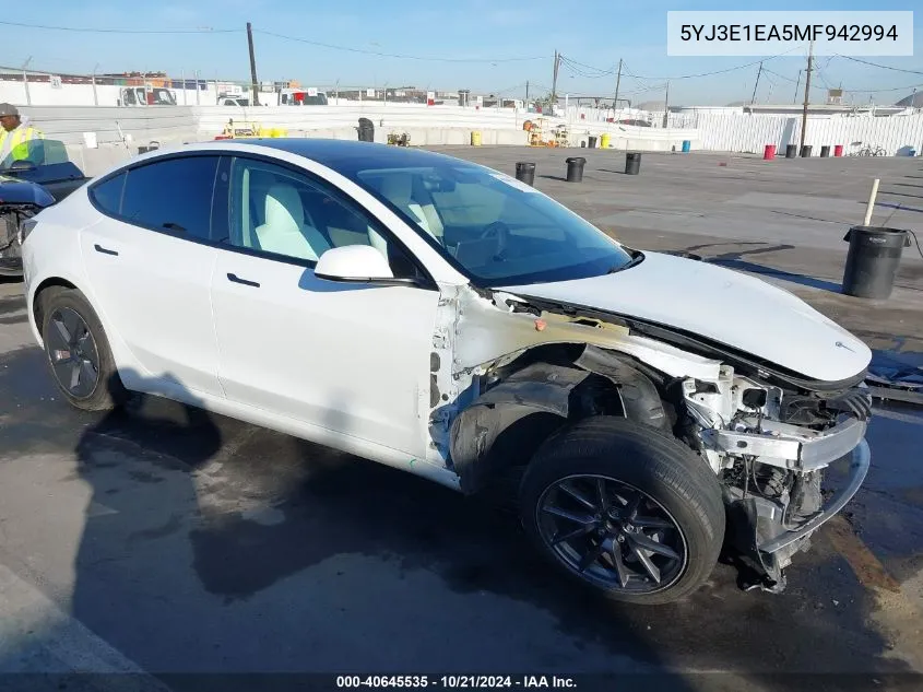 2021 Tesla Model 3 Standard Range Plus Rear-Wheel Drive VIN: 5YJ3E1EA5MF942994 Lot: 40645535