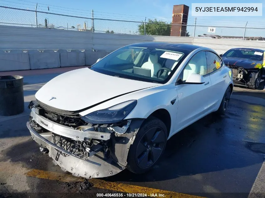 2021 Tesla Model 3 Standard Range Plus Rear-Wheel Drive VIN: 5YJ3E1EA5MF942994 Lot: 40645535