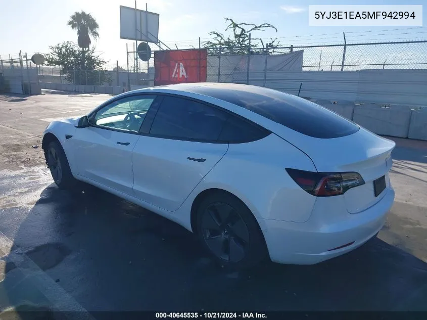 2021 Tesla Model 3 Standard Range Plus Rear-Wheel Drive VIN: 5YJ3E1EA5MF942994 Lot: 40645535