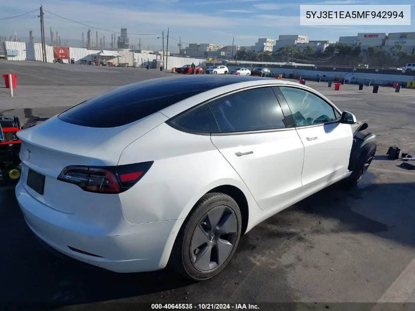 2021 Tesla Model 3 Standard Range Plus Rear-Wheel Drive VIN: 5YJ3E1EA5MF942994 Lot: 40645535