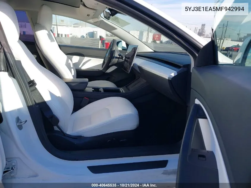 2021 Tesla Model 3 Standard Range Plus Rear-Wheel Drive VIN: 5YJ3E1EA5MF942994 Lot: 40645535