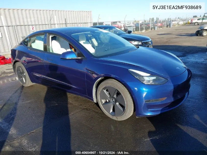 2021 Tesla Model 3 Standard Range Plus Rear-Wheel Drive VIN: 5YJ3E1EA2MF938689 Lot: 40654907