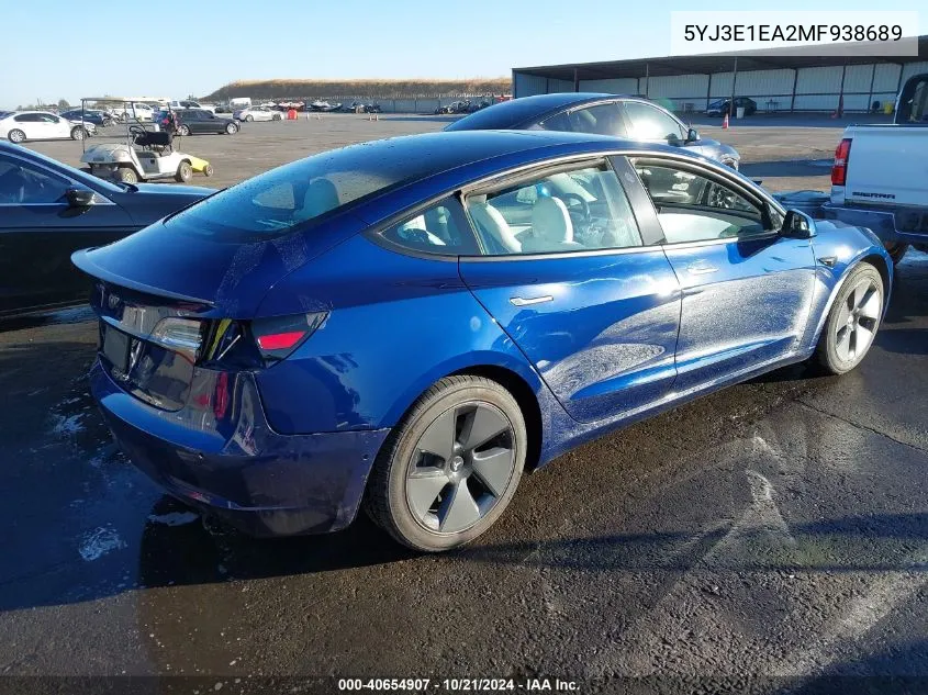 2021 Tesla Model 3 Standard Range Plus Rear-Wheel Drive VIN: 5YJ3E1EA2MF938689 Lot: 40654907