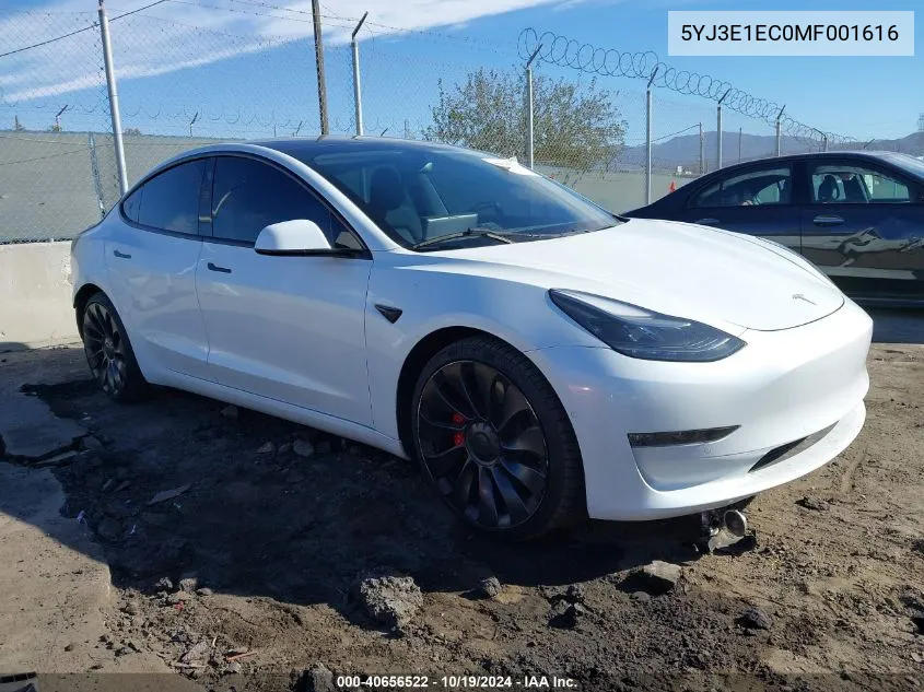 2021 Tesla Model 3 Performance Dual Motor All-Wheel Drive VIN: 5YJ3E1EC0MF001616 Lot: 40656522