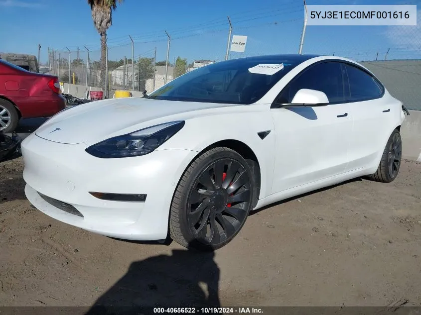 2021 Tesla Model 3 Performance Dual Motor All-Wheel Drive VIN: 5YJ3E1EC0MF001616 Lot: 40656522