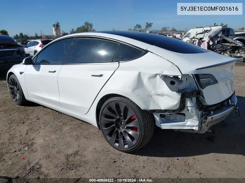 2021 Tesla Model 3 Performance Dual Motor All-Wheel Drive VIN: 5YJ3E1EC0MF001616 Lot: 40656522