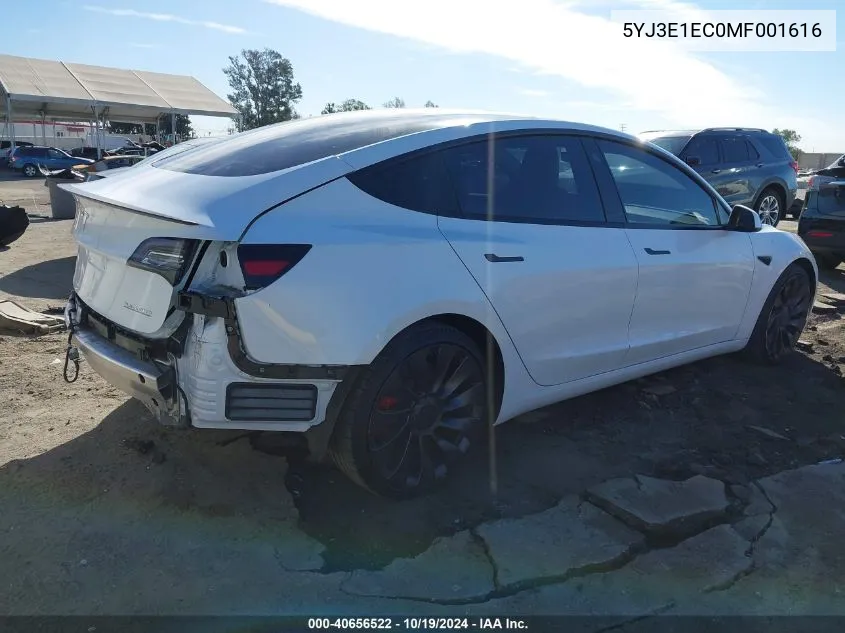 2021 Tesla Model 3 Performance Dual Motor All-Wheel Drive VIN: 5YJ3E1EC0MF001616 Lot: 40656522