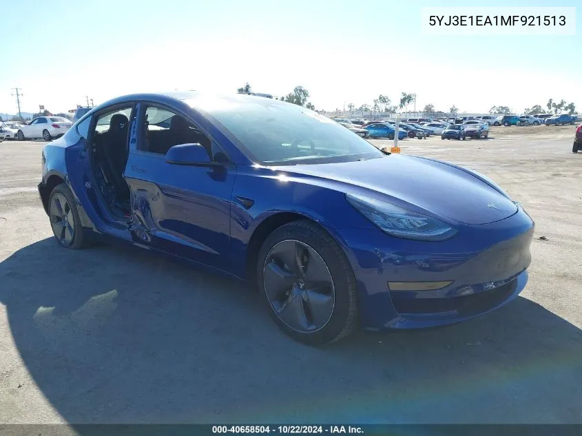 2021 Tesla Model 3 Standard Range Plus Rear-Wheel Drive VIN: 5YJ3E1EA1MF921513 Lot: 40658504