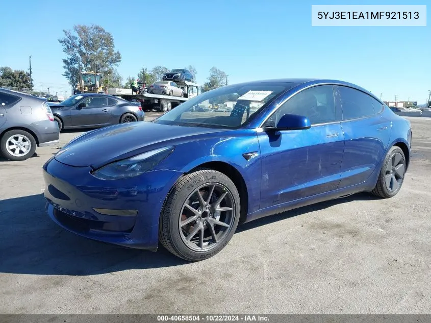 2021 Tesla Model 3 Standard Range Plus Rear-Wheel Drive VIN: 5YJ3E1EA1MF921513 Lot: 40658504