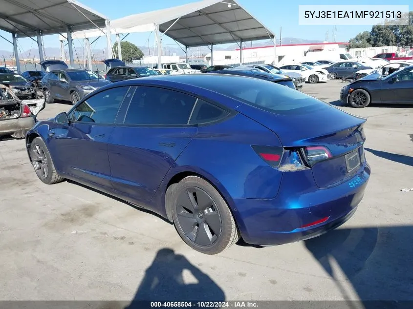 2021 Tesla Model 3 Standard Range Plus Rear-Wheel Drive VIN: 5YJ3E1EA1MF921513 Lot: 40658504