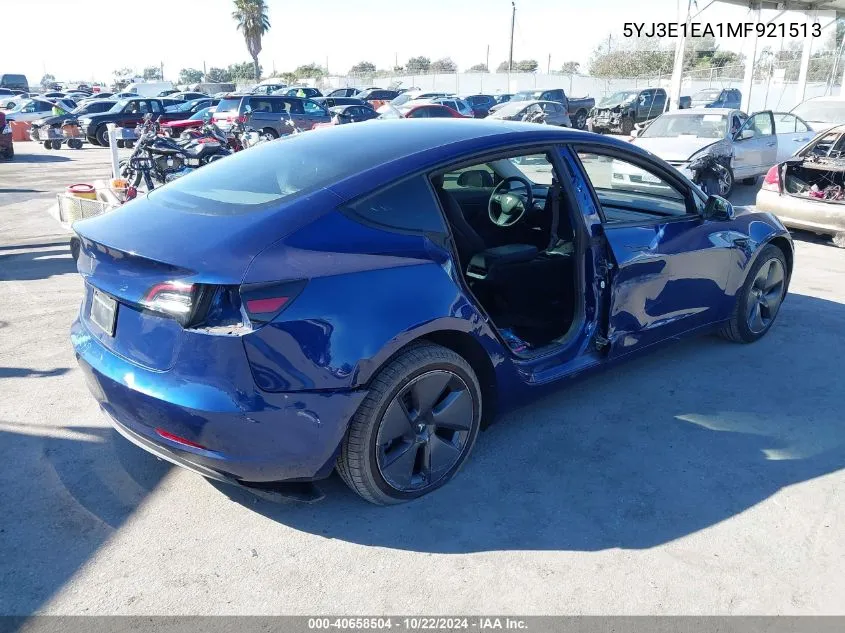 2021 Tesla Model 3 Standard Range Plus Rear-Wheel Drive VIN: 5YJ3E1EA1MF921513 Lot: 40658504