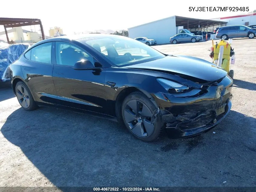 2021 Tesla Model 3 Standard Range Plus Rear-Wheel Drive VIN: 5YJ3E1EA7MF929485 Lot: 40672522