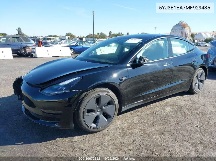 2021 Tesla Model 3 Standard Range Plus Rear-Wheel Drive VIN: 5YJ3E1EA7MF929485 Lot: 40672522