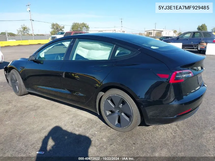 2021 Tesla Model 3 Standard Range Plus Rear-Wheel Drive VIN: 5YJ3E1EA7MF929485 Lot: 40672522