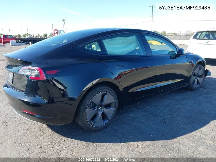 2021 Tesla Model 3 Standard Range Plus Rear-Wheel Drive VIN: 5YJ3E1EA7MF929485 Lot: 40672522