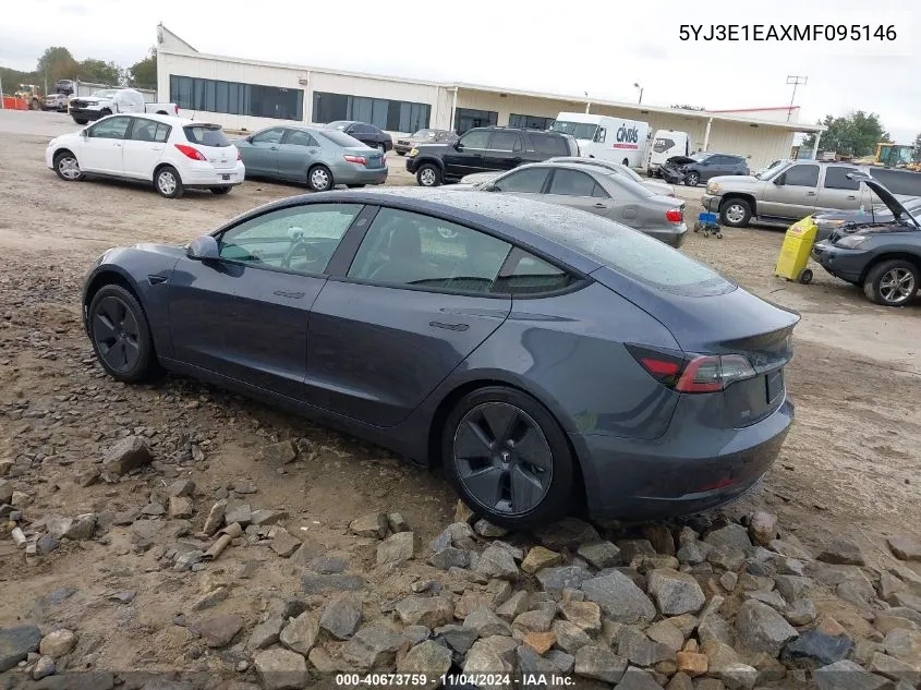 2021 Tesla Model 3 Standard Range Plus Rear-Wheel Drive VIN: 5YJ3E1EAXMF095146 Lot: 40673759