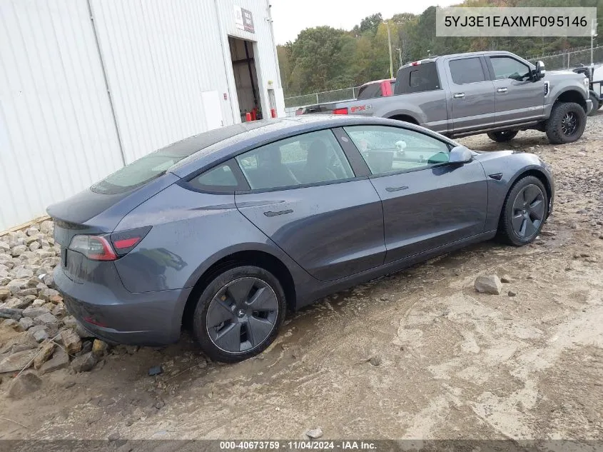 2021 Tesla Model 3 Standard Range Plus Rear-Wheel Drive VIN: 5YJ3E1EAXMF095146 Lot: 40673759