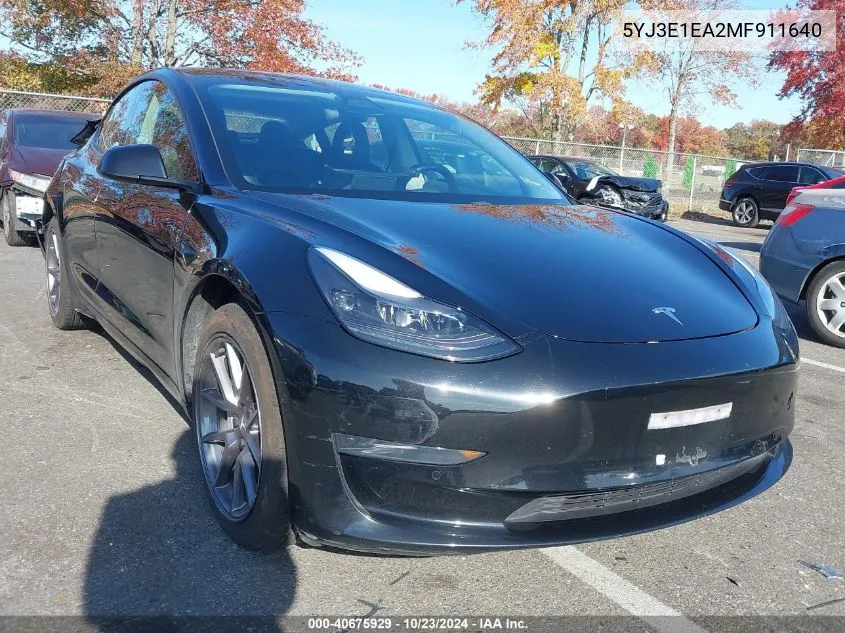 2021 Tesla Model 3 Standard Range Plus Rear-Wheel Drive VIN: 5YJ3E1EA2MF911640 Lot: 40675929