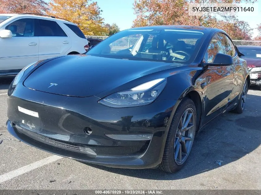 2021 Tesla Model 3 Standard Range Plus Rear-Wheel Drive VIN: 5YJ3E1EA2MF911640 Lot: 40675929