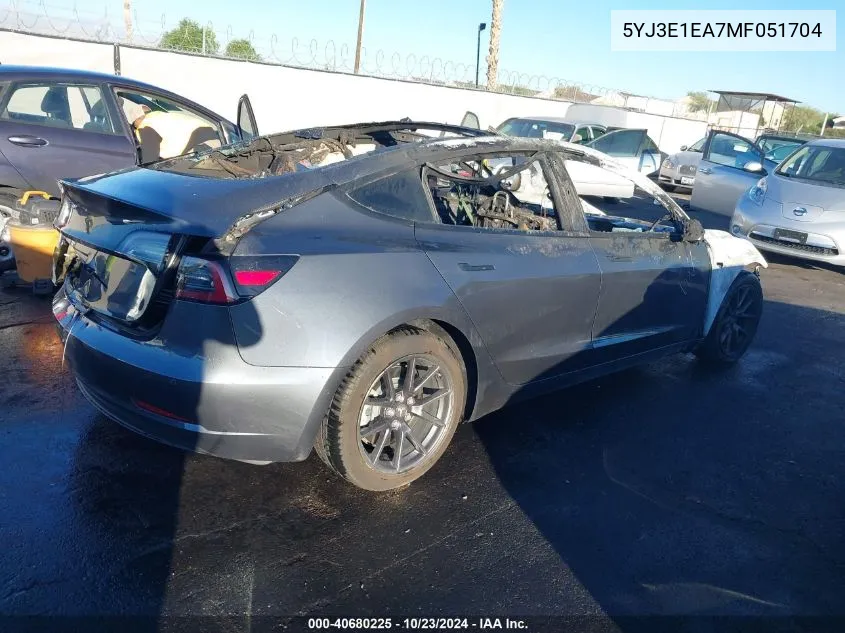 2021 Tesla Model 3 Standard Range Plus Rear-Wheel Drive VIN: 5YJ3E1EA7MF051704 Lot: 40680225