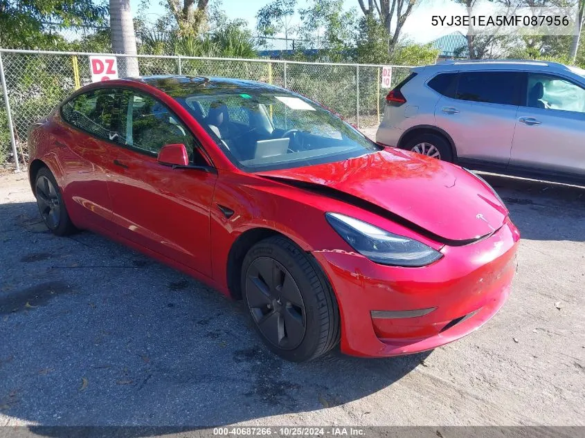 2021 Tesla Model 3 Standard Range Plus Rear-Wheel Drive VIN: 5YJ3E1EA5MF087956 Lot: 40687266