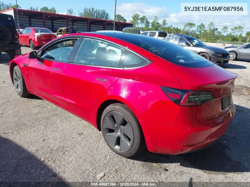 2021 Tesla Model 3 Standard Range Plus Rear-Wheel Drive VIN: 5YJ3E1EA5MF087956 Lot: 40687266