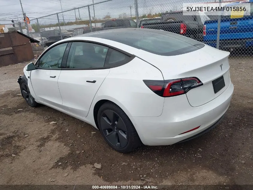 2021 Tesla Model 3 Standard Range Plus Rear-Wheel Drive VIN: 5YJ3E1EA4MF015856 Lot: 40699884