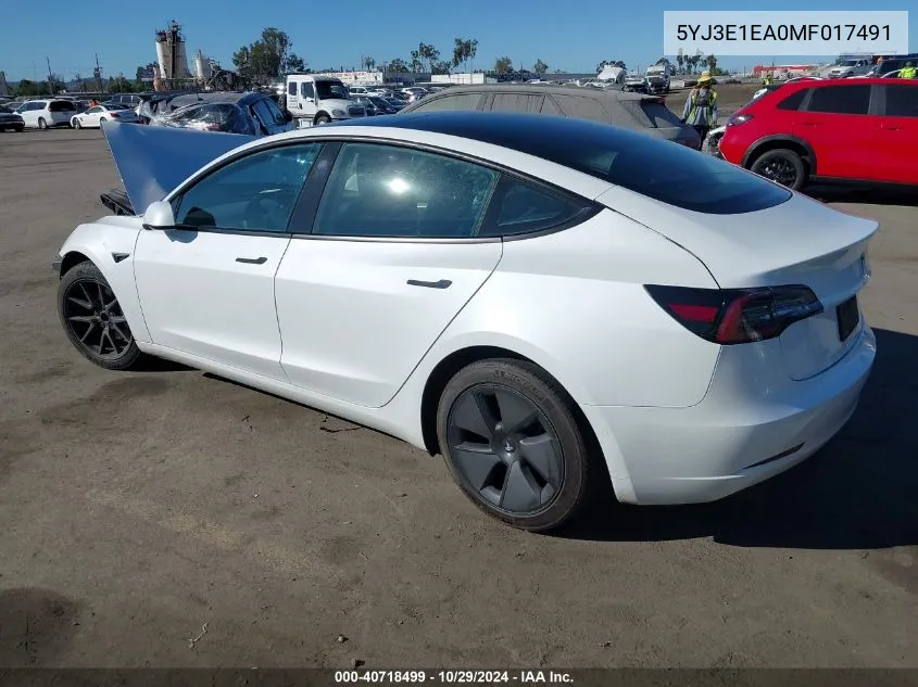 2021 Tesla Model 3 VIN: 5YJ3E1EA0MF017491 Lot: 40718499