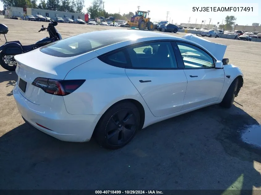 2021 Tesla Model 3 VIN: 5YJ3E1EA0MF017491 Lot: 40718499